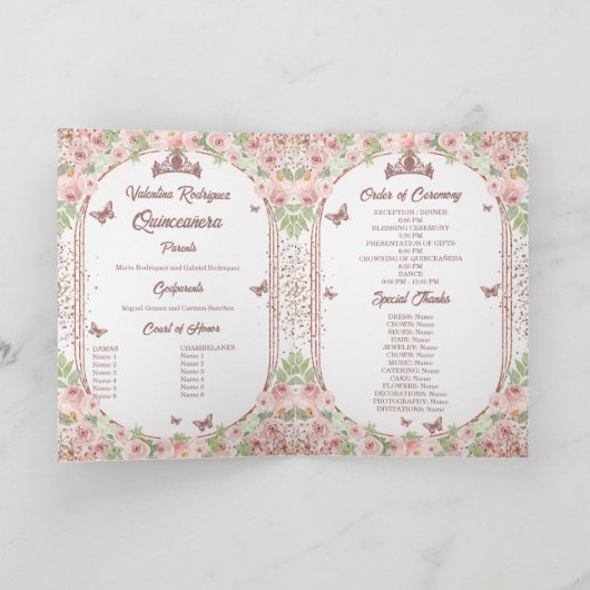 Blush Roze Waterverf Floral Glitter Quinceanera Programma (Binnen)