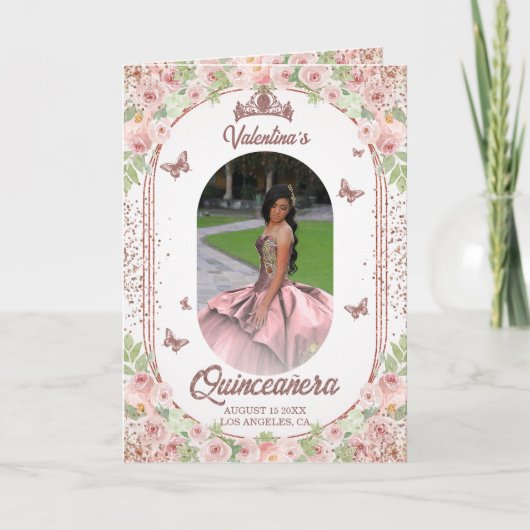 Blush Roze Waterverf Floral Glitter Quinceanera Programma (Voorkant)