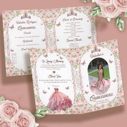 Blush Roze Waterverf Floral Glitter Quinceanera Programma