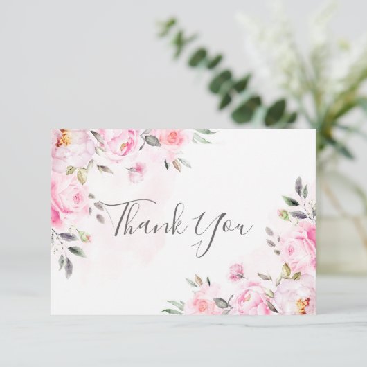 Blush roze Waterverf Floral Greenery Wedding Bedankkaart (Staand voorkant)