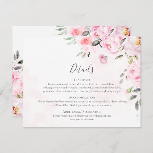Blush roze Waterverf Floral Greenery Wedding Informatiekaartje (Voorkant / Achterkant)