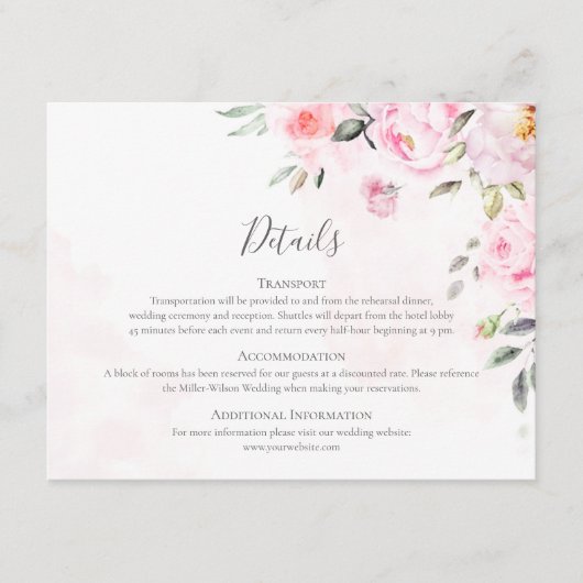 Blush roze Waterverf Floral Greenery Wedding Informatiekaartje (Voorkant)