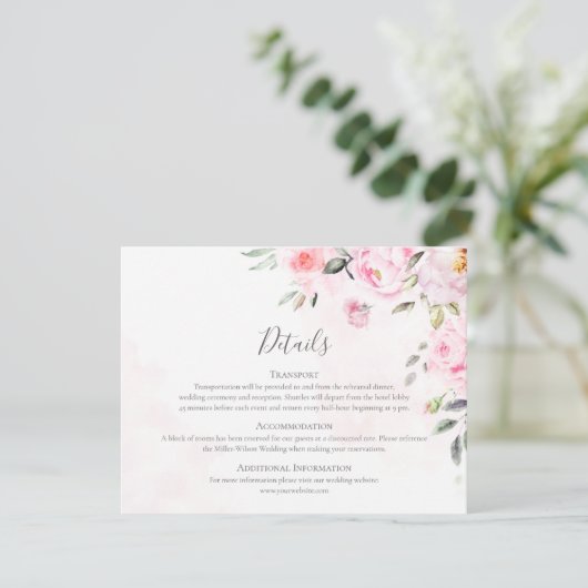 Blush roze Waterverf Floral Greenery Wedding Informatiekaartje (Staand voorkant)