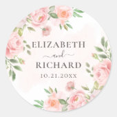 Blush roze Waterverf Floral Greenery Wedding Ronde Sticker (Voorkant)