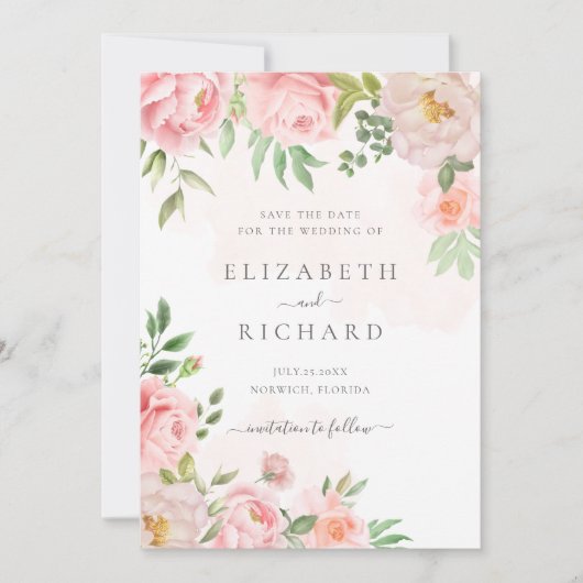 Blush roze Waterverf Floral Greenery Wedding Save The Date (Voorkant)
