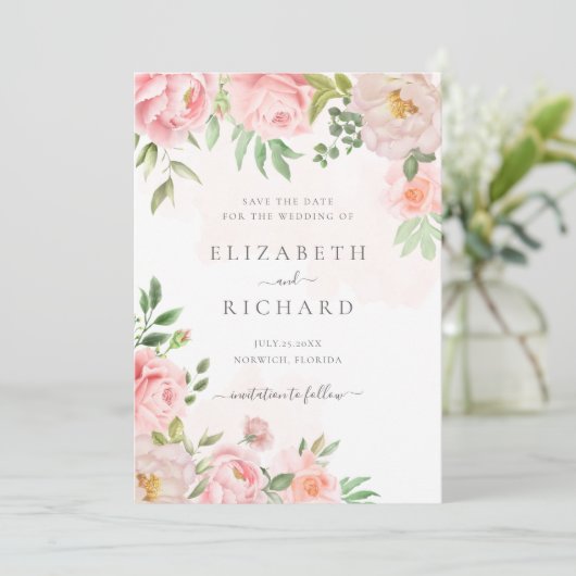 Blush roze Waterverf Floral Greenery Wedding Save The Date (Staand voorkant)