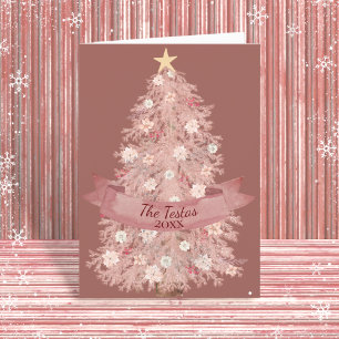 Blush roze Waterverf Floral kerstboom gevouwen Feestdagen Kaart