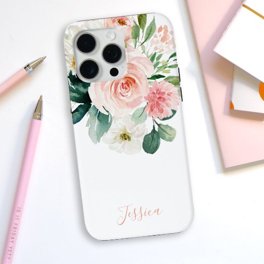 Blush roze Waterverf Floral met Jouw naam Case-Mate iPhone Case