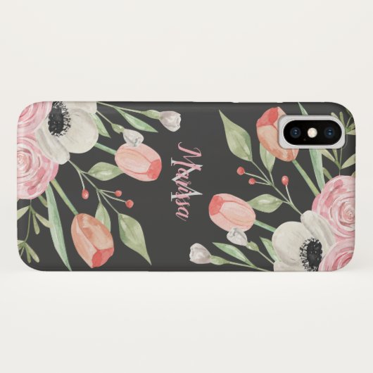 Blush Roze Waterverf Floral Monogram Case-Mate iPhone Case (Achterkant (horizontaal))