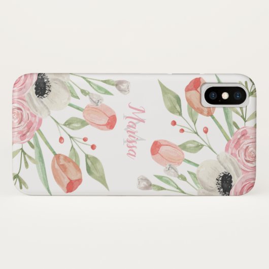 Blush Roze Waterverf Floral Monogram Case-Mate iPhone Case (Achterkant (horizontaal))