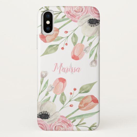 Blush Roze Waterverf Floral Monogram Case-Mate iPhone Case (Achterkant)