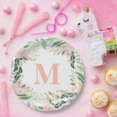 Blush roze waterverf floral monogram initiaal papieren bordje (Feest)