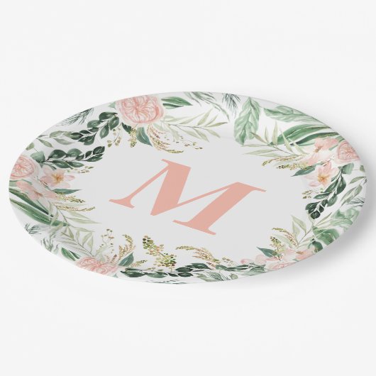 Blush roze waterverf floral monogram initiaal papieren bordje (Gekanteld)