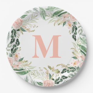 Blush roze waterverf floral monogram initiaal papieren bordje