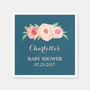 Blush roze Waterverf Floral Navy Blue Baby shower Servet