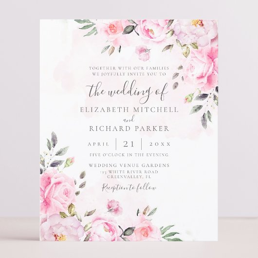 Blush roze Waterverf Floral Peony Wedding Invite