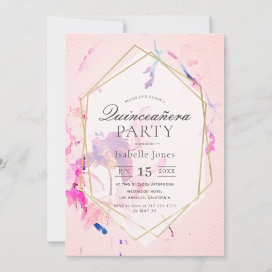 Blush Roze Waterverf Floral Quinceañera Kaart (Voorkant)