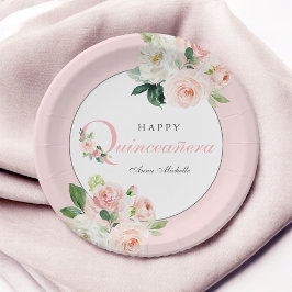 Blush Roze Waterverf Floral Quinceañera Verjaardag Papieren Bordje