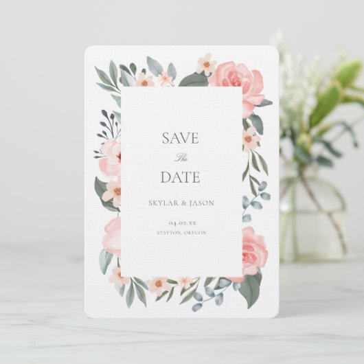 Blush Roze Waterverf Floral Roos & Sage Greenery Save The Date (Staand voorkant)