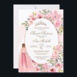 Blush Roze Waterverf Floral Sweet 16 Birthday Inv Kaart<br><div class="desc">Blush roze waterverf bloemen,  en een meisje in een mooie bijpassende jurk. Bekijk de winkel voor deze uitnodiging met meisjes in verschillende haarkleuren en huidtinten en meer variaties.</div>