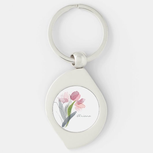 Blush Roze Waterverf Floral Tulips Witte naam Sleutelhanger (Voorkant)