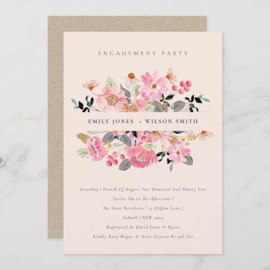 Blush roze Waterverf Floral Verloving uitnodigen Bedankkaart (Voorkant / Achterkant)