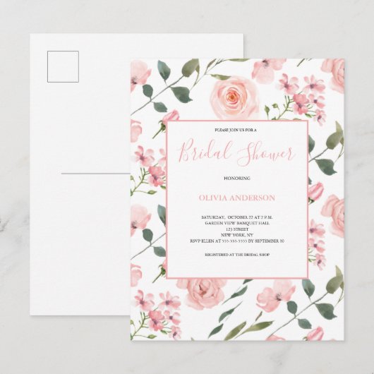 Blush Roze Waterverf Floral Vrijgezellenfeest Uitnodiging Briefkaart (Voorkant / Achterkant)