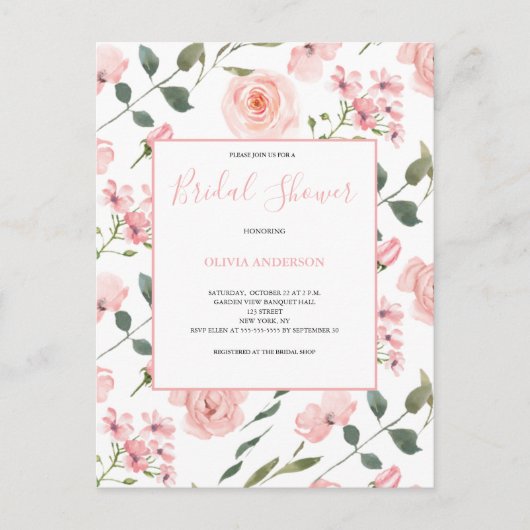 Blush Roze Waterverf Floral Vrijgezellenfeest Uitnodiging Briefkaart (Voorkant)