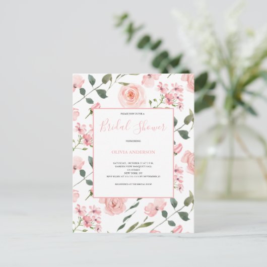 Blush Roze Waterverf Floral Vrijgezellenfeest Uitnodiging Briefkaart (Staand voorkant)