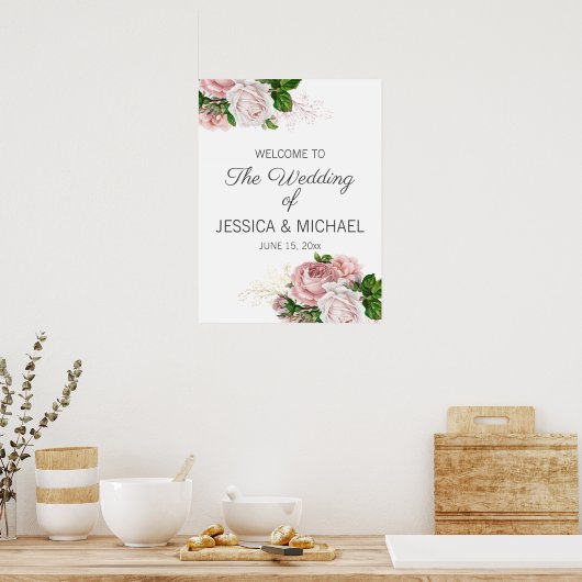 Blush roze Waterverf Floral Weddenschap Welkom Poster (Keuken)