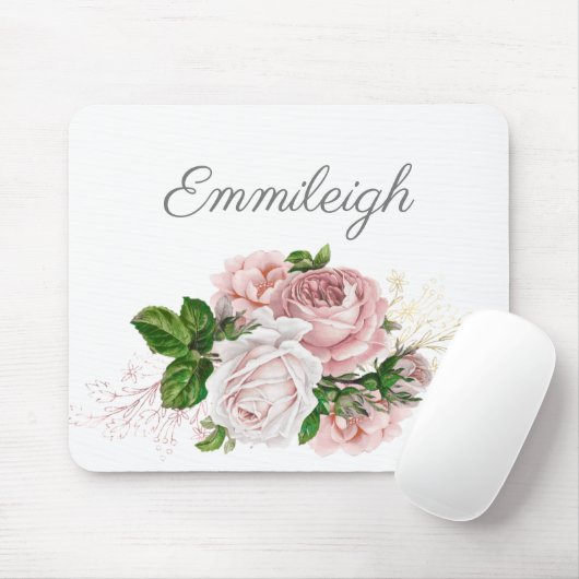 Blush Roze Waterverf Floral White Script Muismat (Met muis)