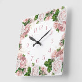 Blush Roze  Waterverf Floral White Vierkante Klok (Hoek)