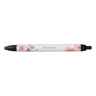 Blush Roze Waterverf Floral Zwarte Inkt Pen