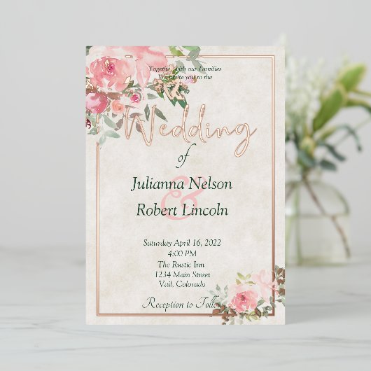 Blush roze waterverf florale bruiloft folie uitnodiging (Staand Voorkant)
