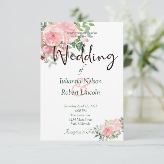 Blush roze waterverf florale bruiloft uitnodiging (Staand voorkant)