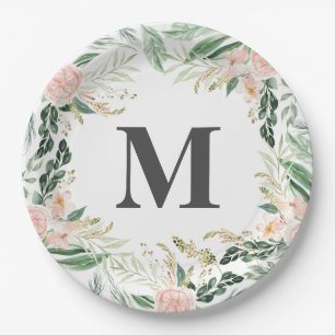 Blush roze waterverf florale monogram initiaal papieren bordje