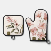  Blush Roze Waterverf florals & Monogram Ovenwant & Pannenlap Set (Voorkant)
