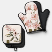  Blush Roze Waterverf florals & Monogram Ovenwant & Pannenlap Set (Voorkant / Achterkant)