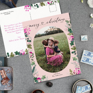 Blush Roze Waterverf Foto Kerst Briefkaart