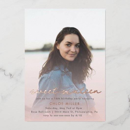 Blush Roze Waterverf Girly Sweet 16 Roos Gold Folie Uitnodiging (Voorkant)