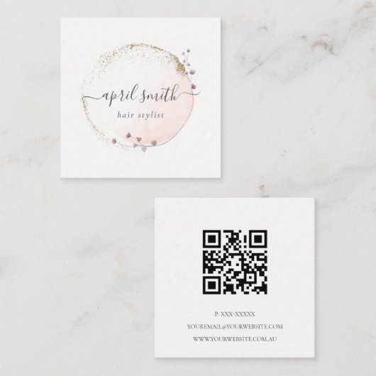 Blush roze Waterverf Gold Circle Floral QR Code Vierkante Visitekaartje (Voorkant / Achterkant)