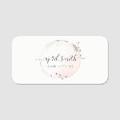 Blush Roze Waterverf Gold Circle Floral Wreator Naamplaatje (Voorkant)