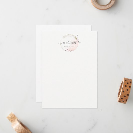 Blush Roze Waterverf Gold Circle Floral Wreator Notitiekaartje (Voorkant / Achterkant in situ)