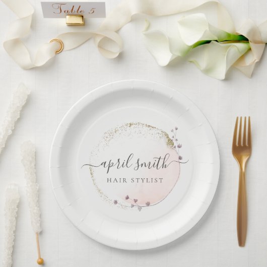 Blush Roze Waterverf Gold Circle Floral Wreator Papieren Bordje (Huwelijk)