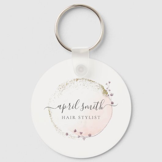 Blush Roze Waterverf Gold Circle Floral Wreator Sleutelhanger (Voorkant)