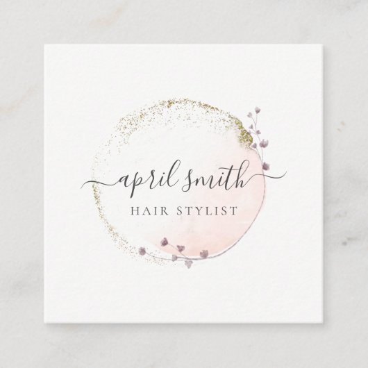 Blush Roze Waterverf Gold Circle Floral Wreator Vierkante Visitekaartje (Voorkant)
