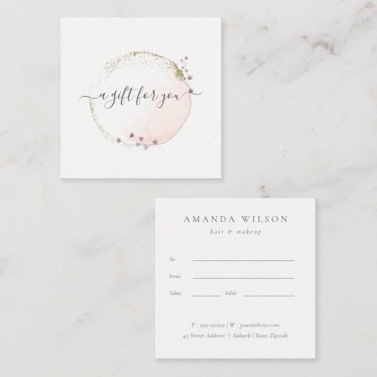 Blush roze Waterverf Gold Cirkel Cadeaubon Vierkante Visitekaartje (Voorkant / Achterkant)