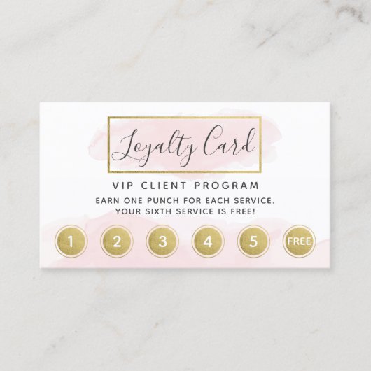 Blush Roze Waterverf Gold Loyalty Punch QR Visitekaartje (Voorkant)