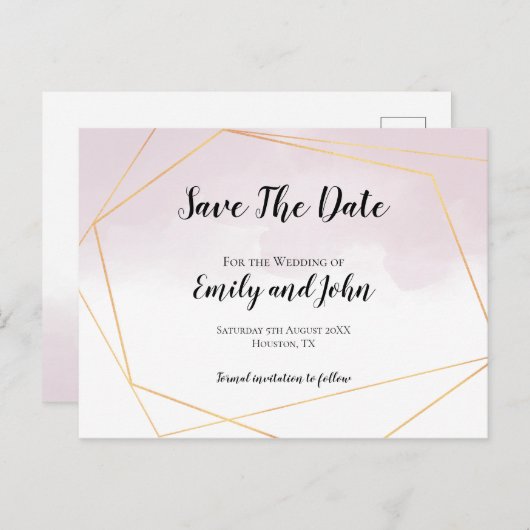 Blush Roze Waterverf Goud Geometrisch Save The Dat Briefkaart (Voorkant / Achterkant)