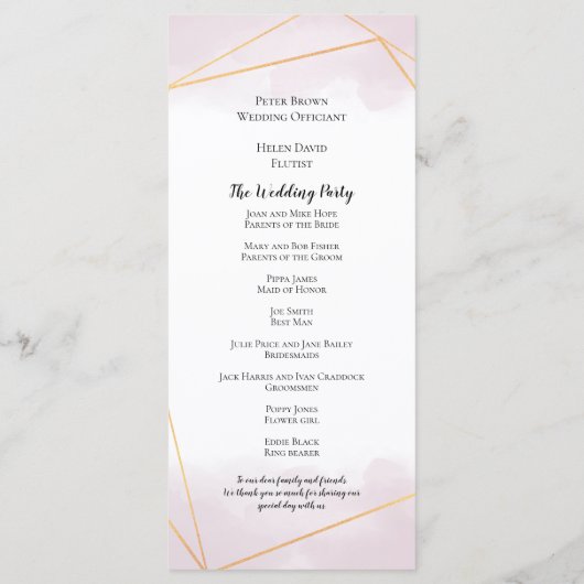 Blush Roze Waterverf Goud Geometrische Lijnen Brui Programmakaart (Achterkant)